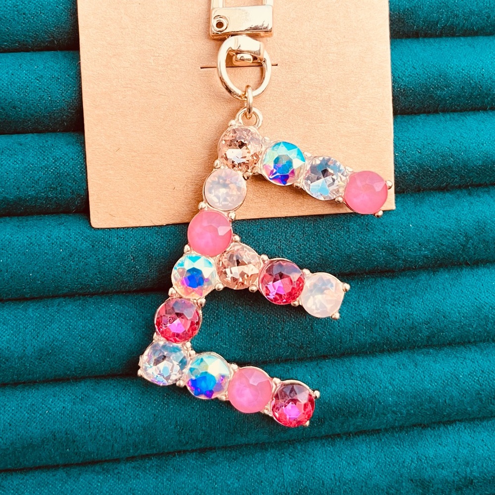 Rhinestone initial Letter “E” Keychain Bag Charm Pink & Iridescent Crystals gift